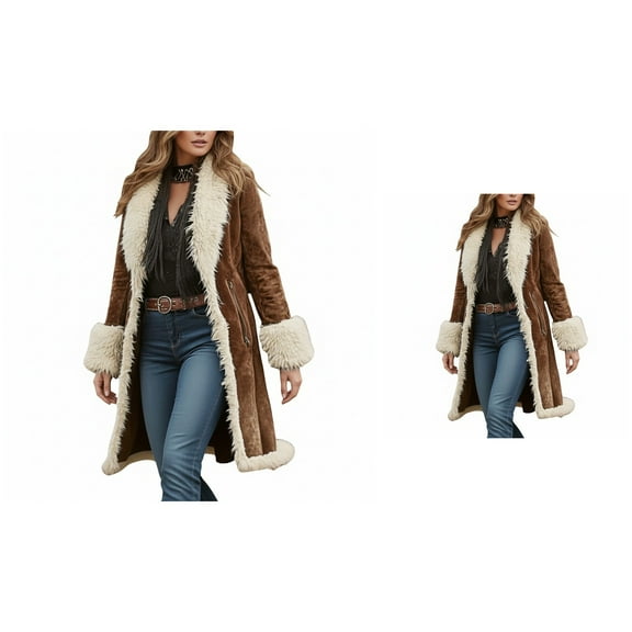 Women's Winter Sherpa Lined Denim Coat, Long Trench Jacket, Plus Size Fashion Overcoat, Distressed Button-Down Casual Outerwear