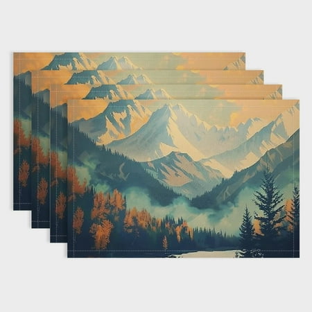 

Fenyluxe Trees River Mountains Linen Cloth Placemats Set of 4 for Dining Tables - Heat Resistant Easy to Clean Home Decoration 18x12in