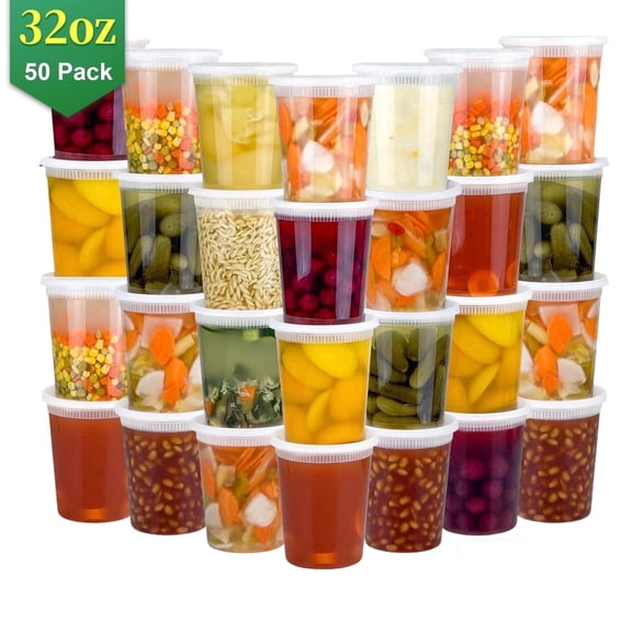 Plastic Deli Containers with Lids, 50 Sets 32oz Leakproof Soup Storage Containers for Restaurant, Round Takeout Deli Cups for Food Slime Meal Prep Leftover, BPA Free, Microwave/Freezer Safe