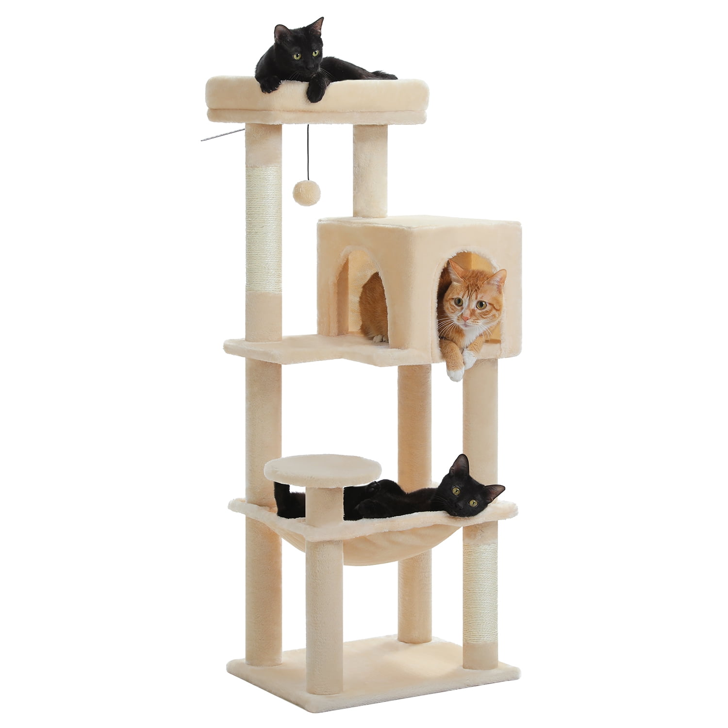 PAWZ Road Cat Tree Condo 46”with Sisal Covered Scratching Posts Tower Deep Hammock and Large Perch for Small Cats, Beige