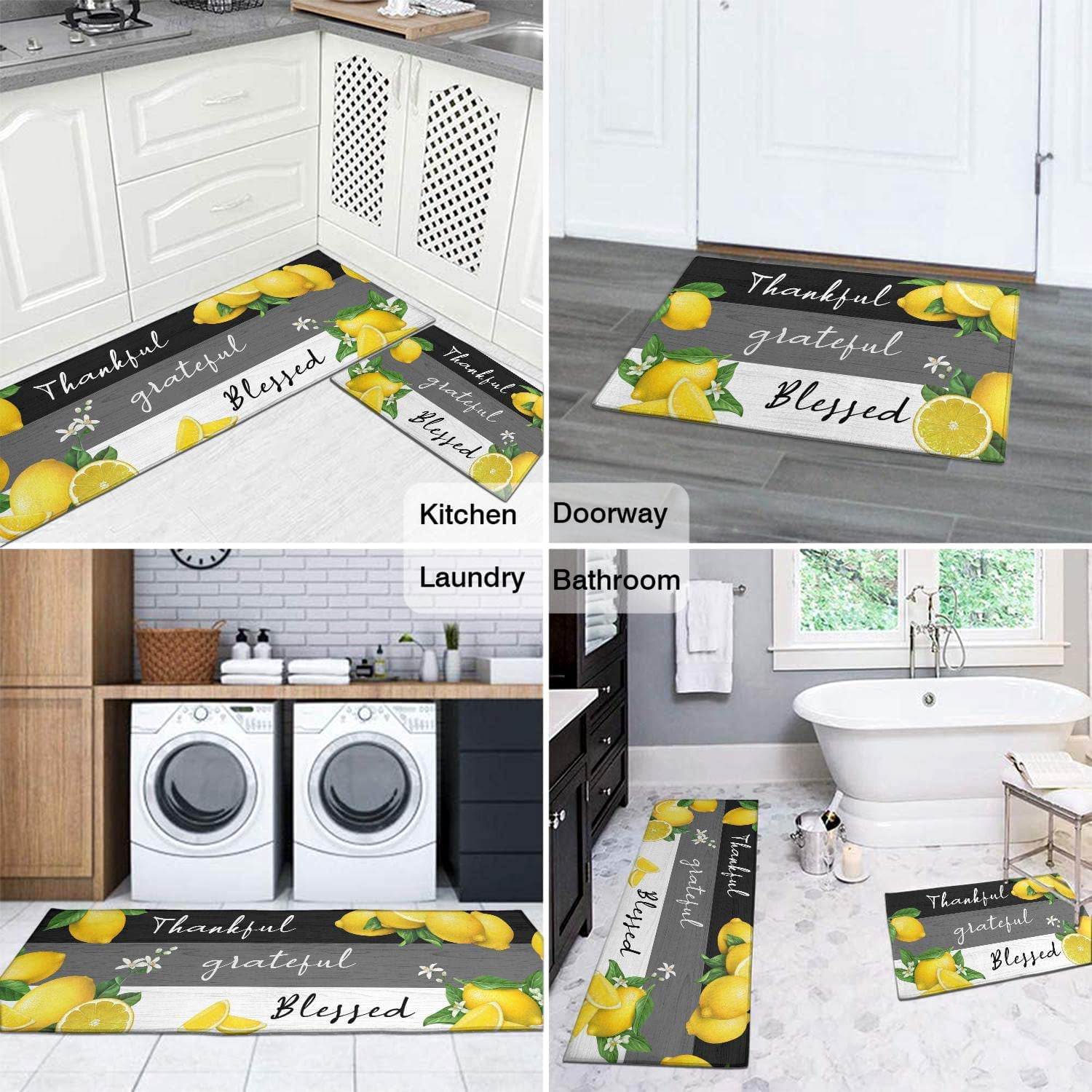 Lemon Kitchen Rug Set,Farmhouse Kitchen Rugs Fruit Runner Rugs with Rubber Backing,Throw Rugs Washable for Kitchen Sink,Laundry Room,Spring&Summer Rug,Lemon Kitchen Decor