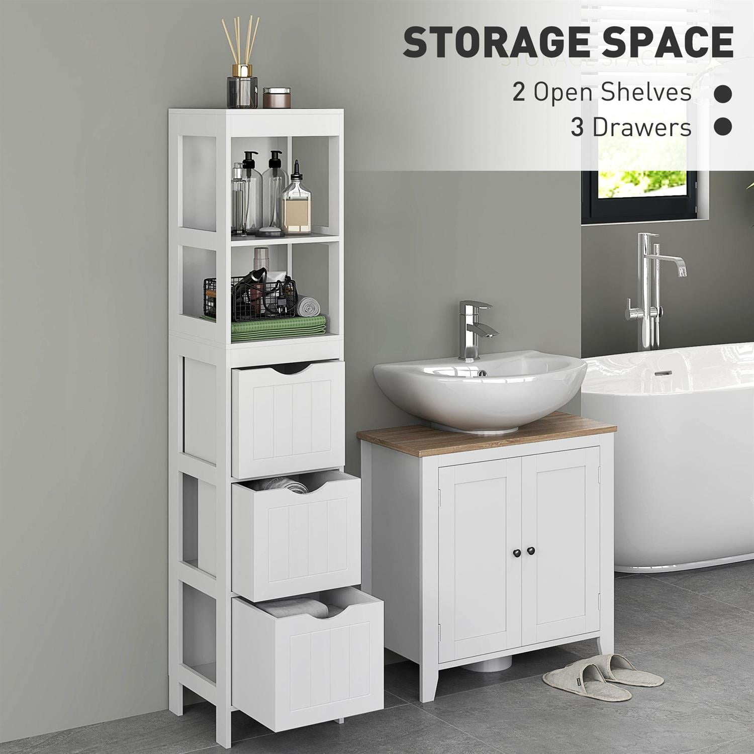 Demi Bonn 55" Compact Bathroom Storage Cabinet with 3 Drawers & Open Shelves, Space Saving Design for Narrow Spaces, White