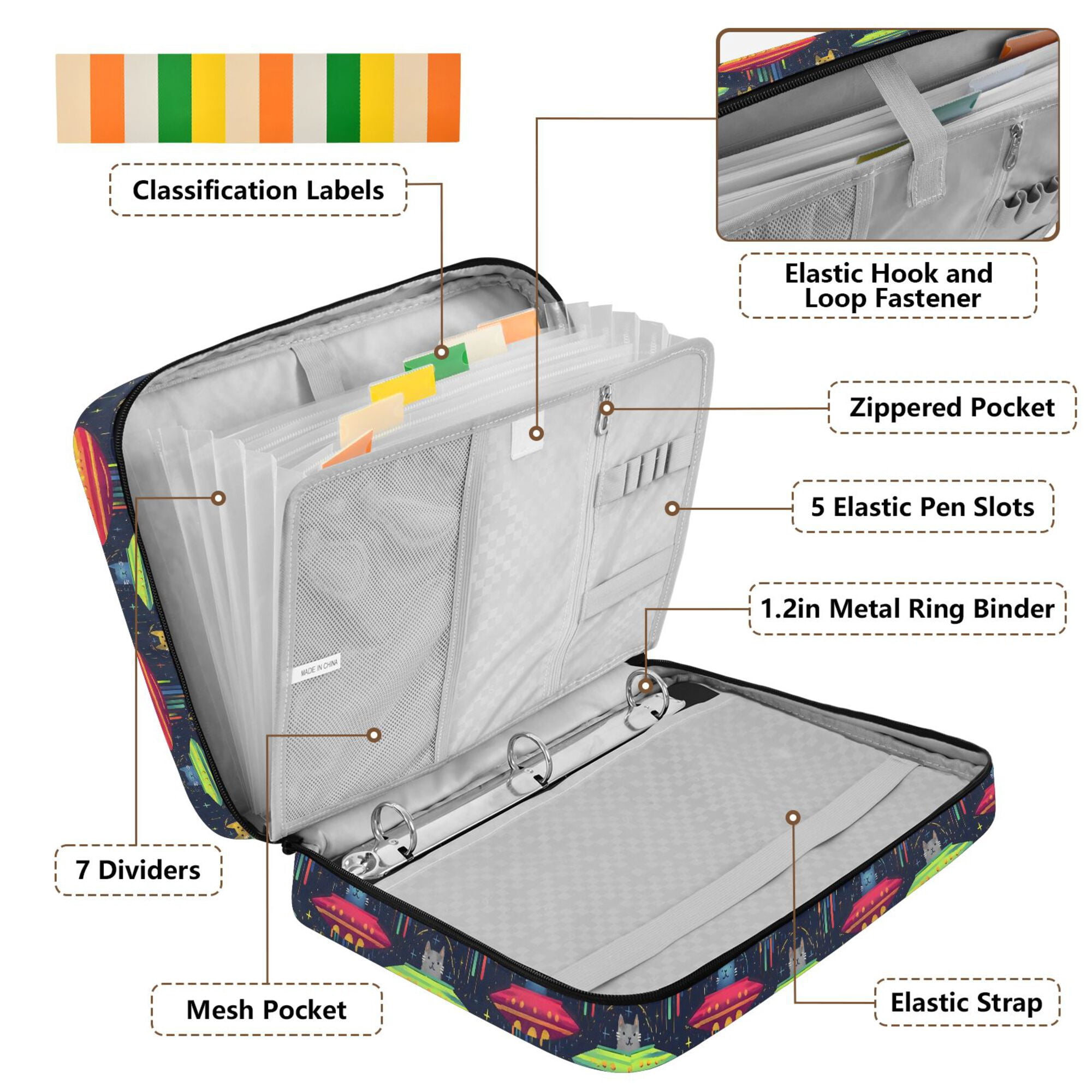 FORMRS Accordion File Folder A4 Size 7-Pocket Expanding Document Organizer Bag with 3 Ring Binder, Colorful Space Cat