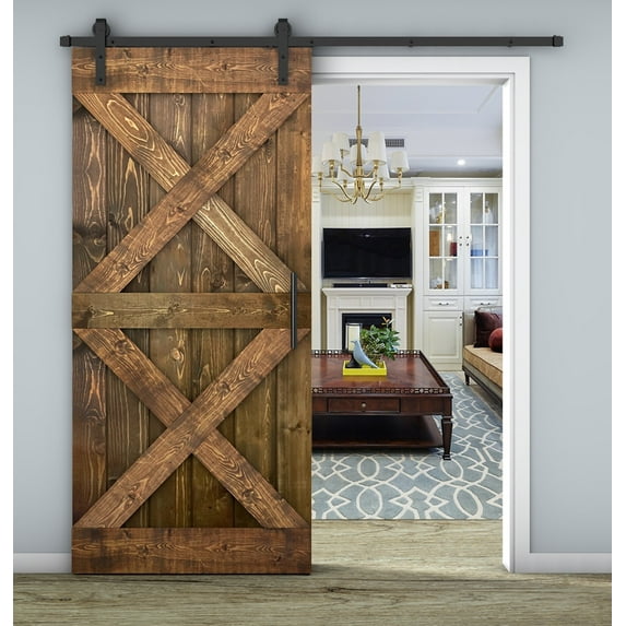 Essencaliy 38in x84in Solid Wood Barn Door, Made-in-USA Farmhouse Interior Sliding Barn Door With 6.58ft Barndoor Hardware Kit (DIY)