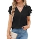 thumbnail image 1 of Blusa negra XXL con escote en V, volantes, mangas cortas de doble capa, corte ajustado, elegante para mujer para el verano, 1 of 6