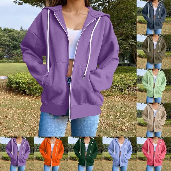 YUEHUA Women's Drawstring Zip Up Cute Hoodies 2026 Spring Jacket Oversized Casual Sweatshirts with Pocket