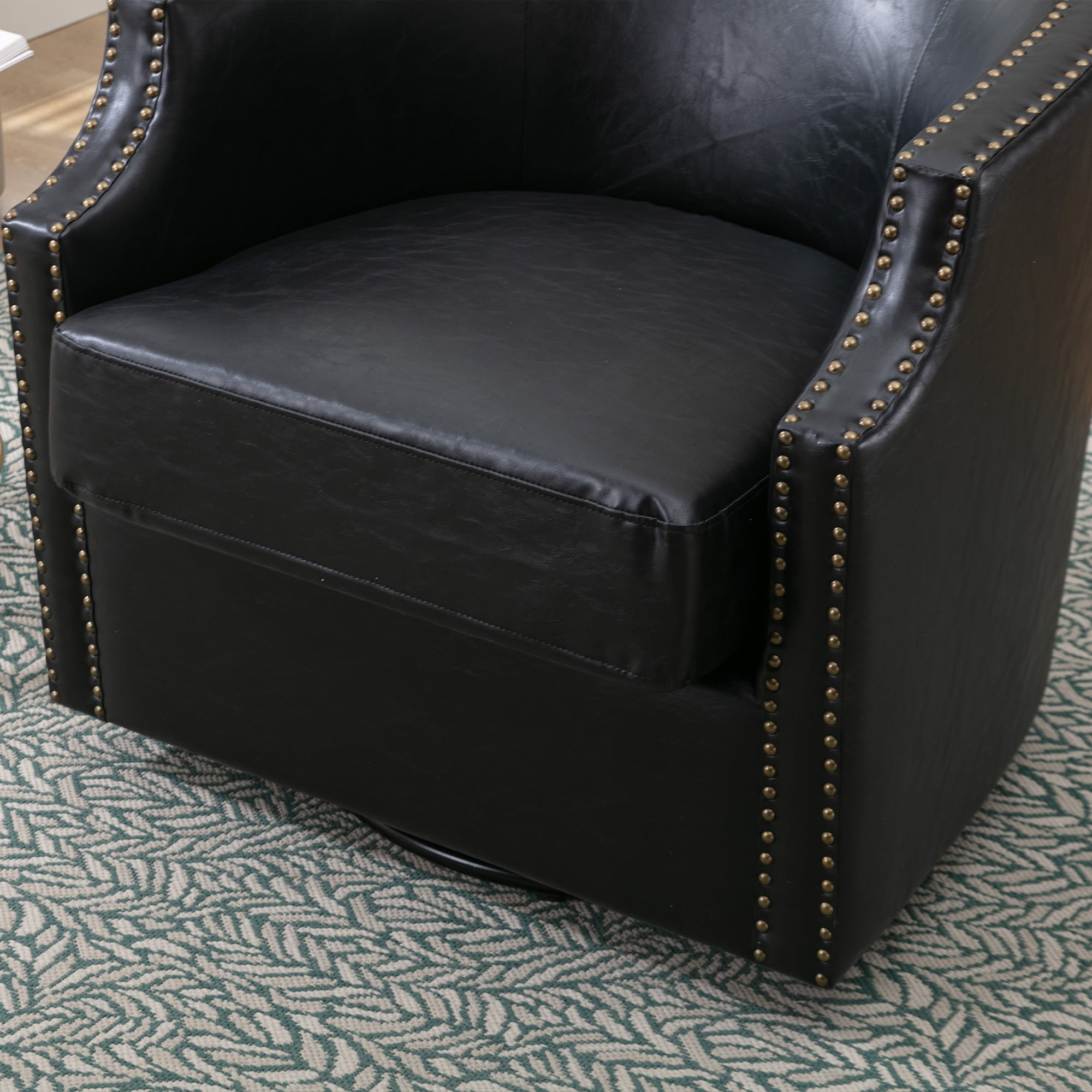Lunale Leather Swivel Accent Barrel Chair, Club Chair Comfy Reading Armchair, Black
