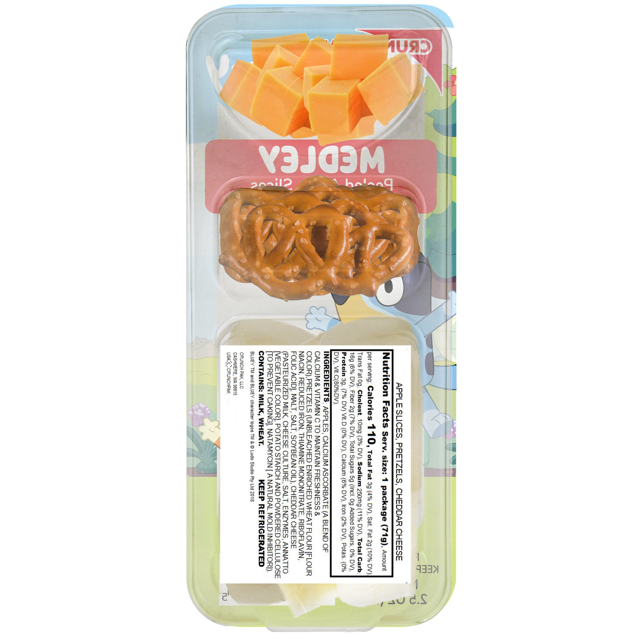 Crunch Pak Snack Featuring Bluey with Fresh Sliced Peeled Apples, Pretzels, and Cheese, 2.5oz Tray