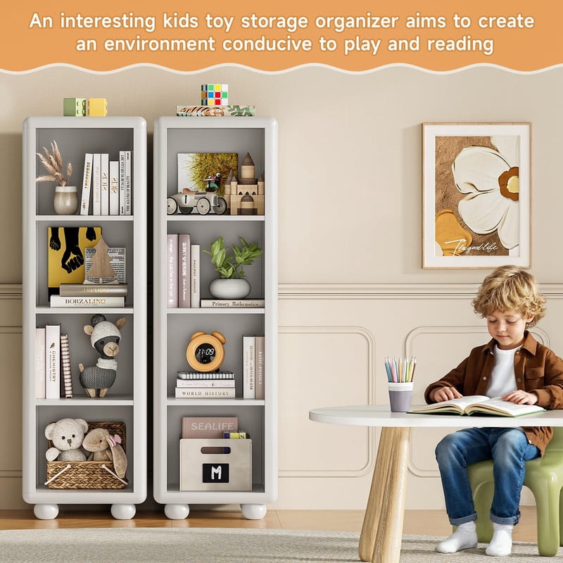 Tall Wooden Bookshelf, 4 Cube Bookcase with Sphere Foot, Freestanding Storage Cabinet, Sturdy Kids Storage Organizer for Living Room Bedroom Playroom Kitchen Bathroom