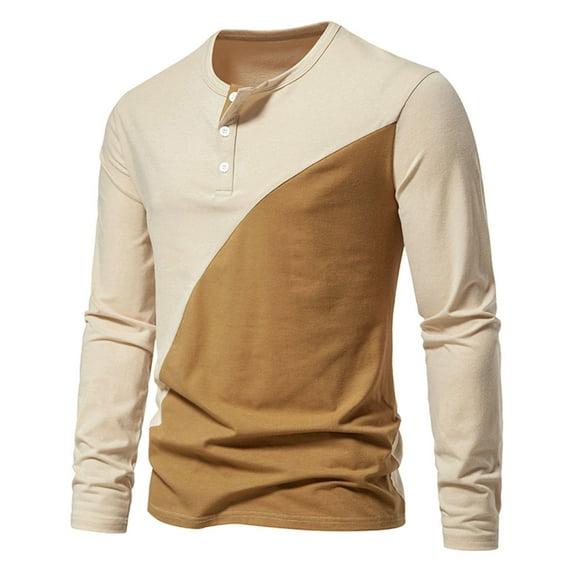 Yaoyar Men's Henley T-Shirt, Long Sleeve Cotton Henley Tees for Men Casual Pullover Patchwork Long Sleeve Round Neck T-Shirt Tops,Khaki,L