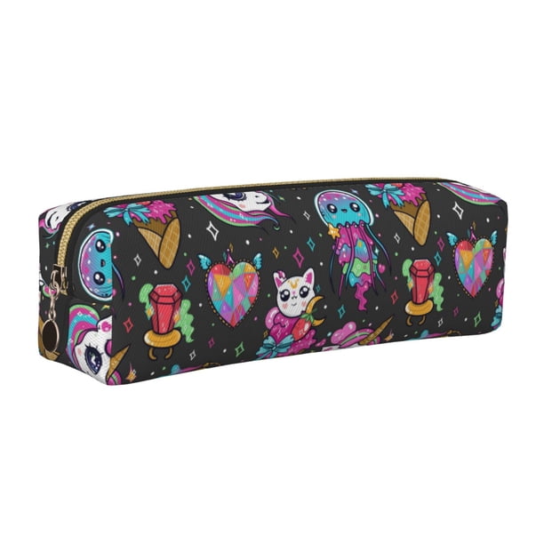 Easygdp Cat Icecream para Estuche de Lápices de Cuero, Estuche de Papelería de Cuero, Estuche de Gran Capacidad con Cremallera