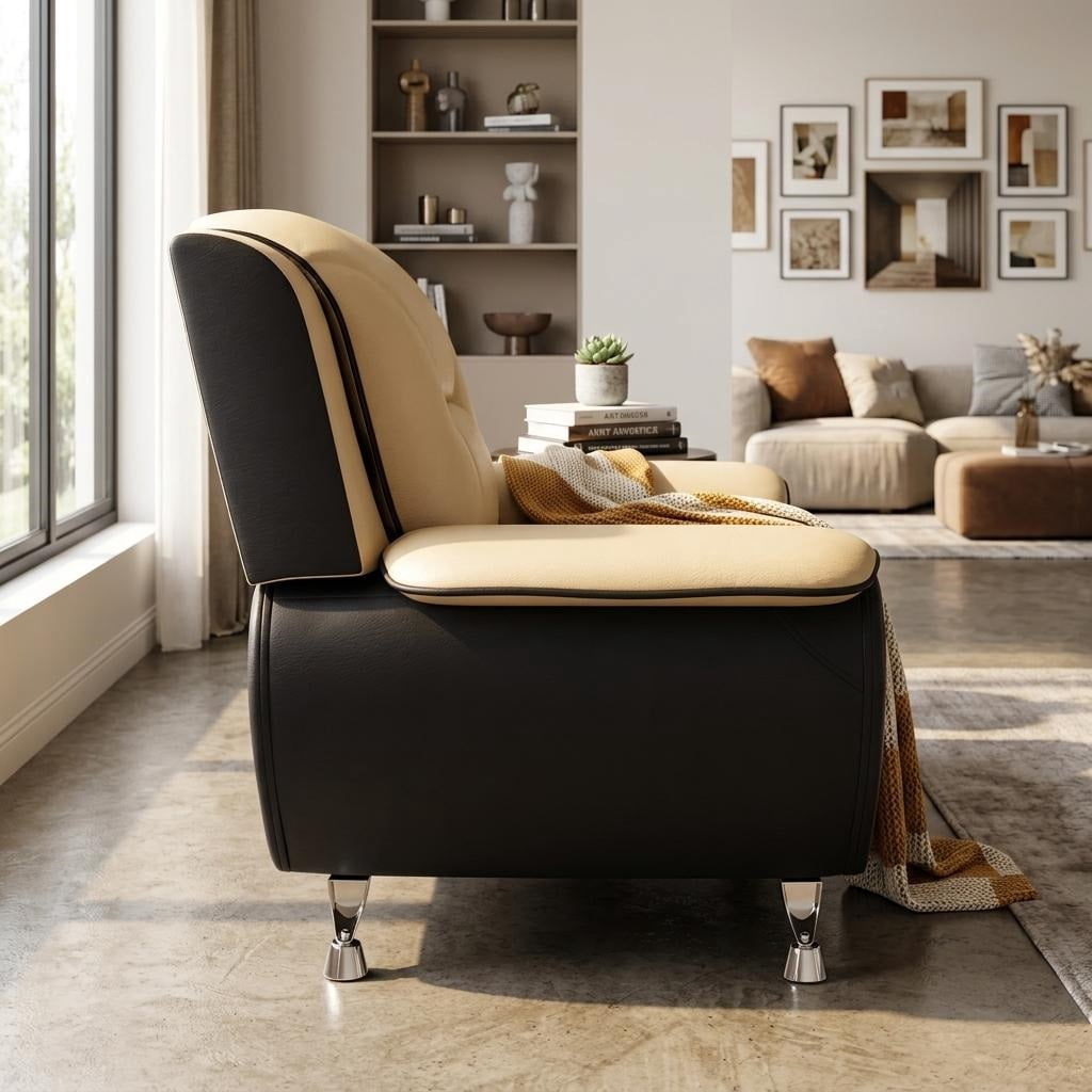 Wakefit 47"W Modern Faux Leather Armchair,Single Upholstered Sofa Couch with Stainless Steel Legs for Living Room,Camel & Black