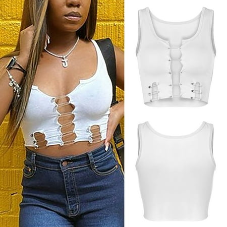 SNKSDGM Female Women Tank Tops Loose fit Womens Tank Tops Loose fit with Built in Bra Short Backless Personality Pin Sleeveless Racerback Vest Sexy Sister Large Bra Vest M
