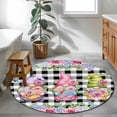 thumbnail image 3 of Spring Gnomes Round Area Rug 3.3Ft Washable Circle Rugs for Dining Room Table, Botanical Rose Leaves Black Buffalo Plaid Non-Slip Carpet Floor Mats Indoor Outdoor Carpet Runner Aesthetic Home Decor, 3 of 8