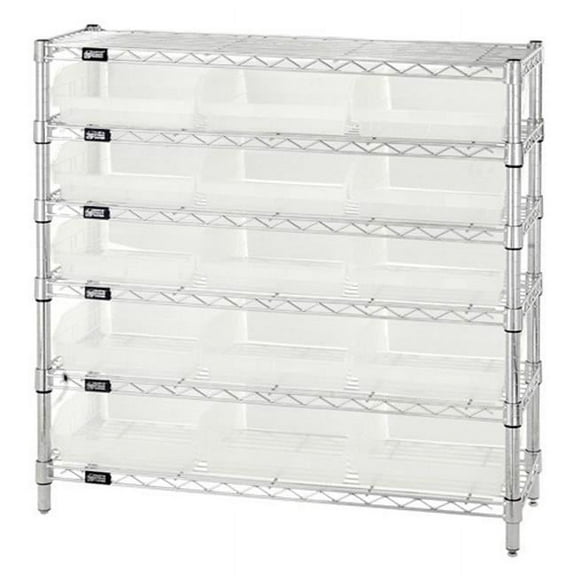 6 Shelf Wire Shelving Unit With 15 Clear Plastic Storage Bins, 12 x 36 x 36 in.