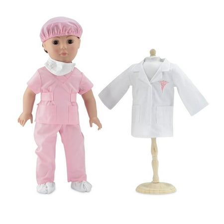 18 Inch Doll Clothes | Complete 6-piece Doctor or Nurse Hospital Pink Scrubs Outfit, Including White Doctor's Coat, Scrubs with Matching Surgical Hat, and Mask and Booties | Fits American Girl Dolls