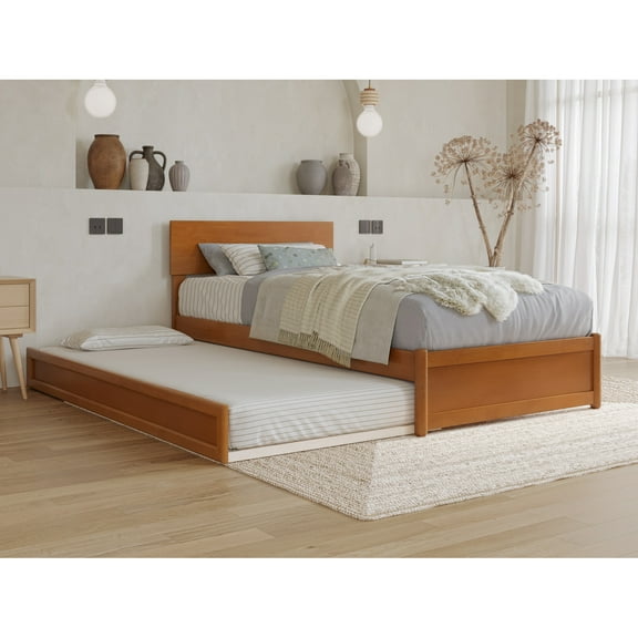 Wesley Twin XL Wood Platform Bed w Panel Footboard & TXL Trundle in Light Toffee