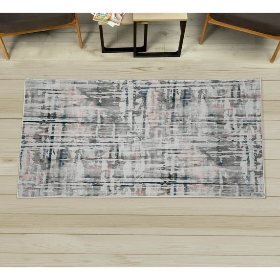 Grunge Decorative Rug, Abstract Paint Manifold Complicated Mixed and Lines Print Illustration, Quality Carpet for Bedroom Dorm and Living Room, 6 Sizes, Grey Rose, by Ambesonne