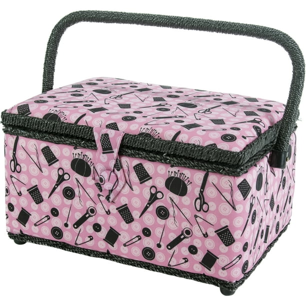SINGER Sewing Basket in Pink Notions Print with 126 Piece Sewing Kit