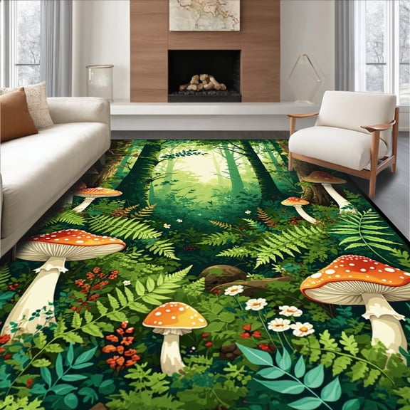 ODIKA 4'x6' Machine Washable Non-Slip Area Rug, Whimsical Woodland with Mushroom and Fern Botanical Design High Traffic Rug, Green, 67168