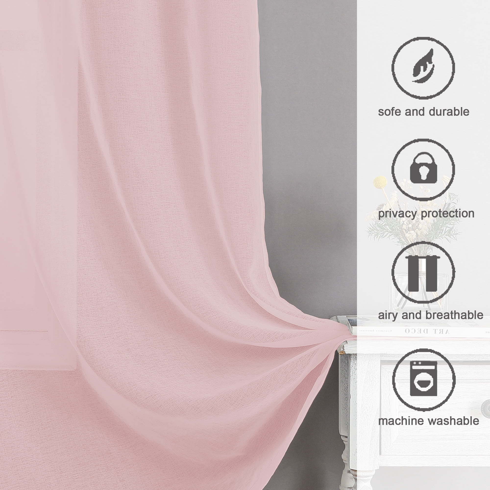 OVZME Dolly Pink Sheer Curtains 84 Inches Long 2 Panels Set, Aesthetic Room Decor Faux Sheer Linen Curtain & Drapes for Living Room Bedroom, Dual Rod Pockets Window Panel, 40x84 Inches