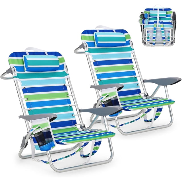 Yeshouse pack de 2 sillas de playa tipo mochila para adultos, ligeras y plegables, 5 posiciones, correas, portavasos, barra para toallas, soportan hasta 136 kg