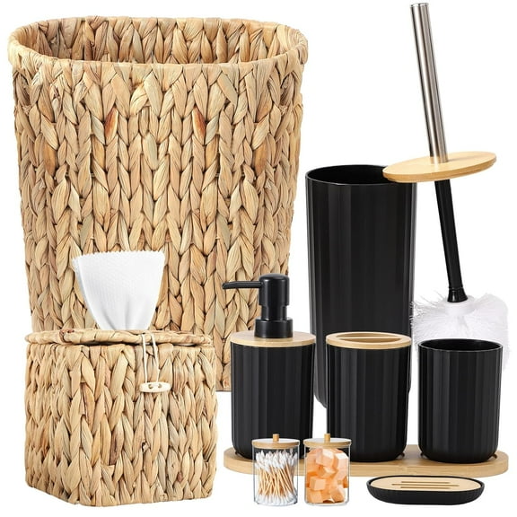 Bathroom Accessory Set, 10 Pieces Wicker Home Set- Trash Can Tissue Box Soap Dish Toothbrush Holder Rinse Cup Lotion Bottle Toilet Brush Qtip Holder Tray- Practical Bathroom Decor Sets