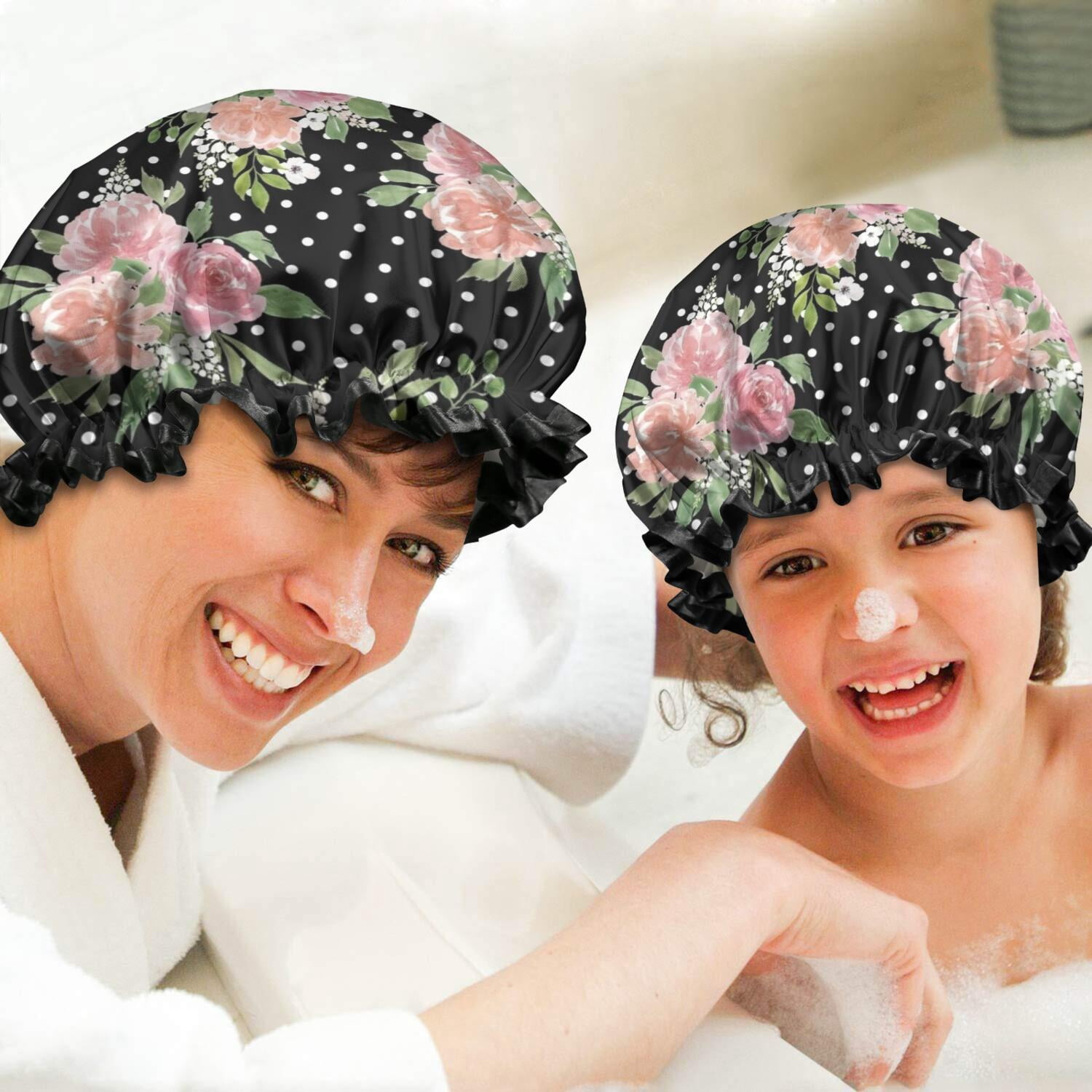 Shower Caps,Pioneer Flower Floral Print Pattern Waterproof Shower Cap for Women 4 Pieces,Double Reusable Hair Cover for Shower PEVA Elastic Stretch Hem