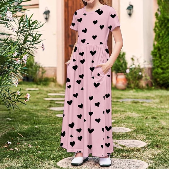 Spazoro Girls Maxi Dress with Pockets, A-Line Short Sleeve Love Print Crew Neck Casual Summer Dresses for Girls Pink Size 9