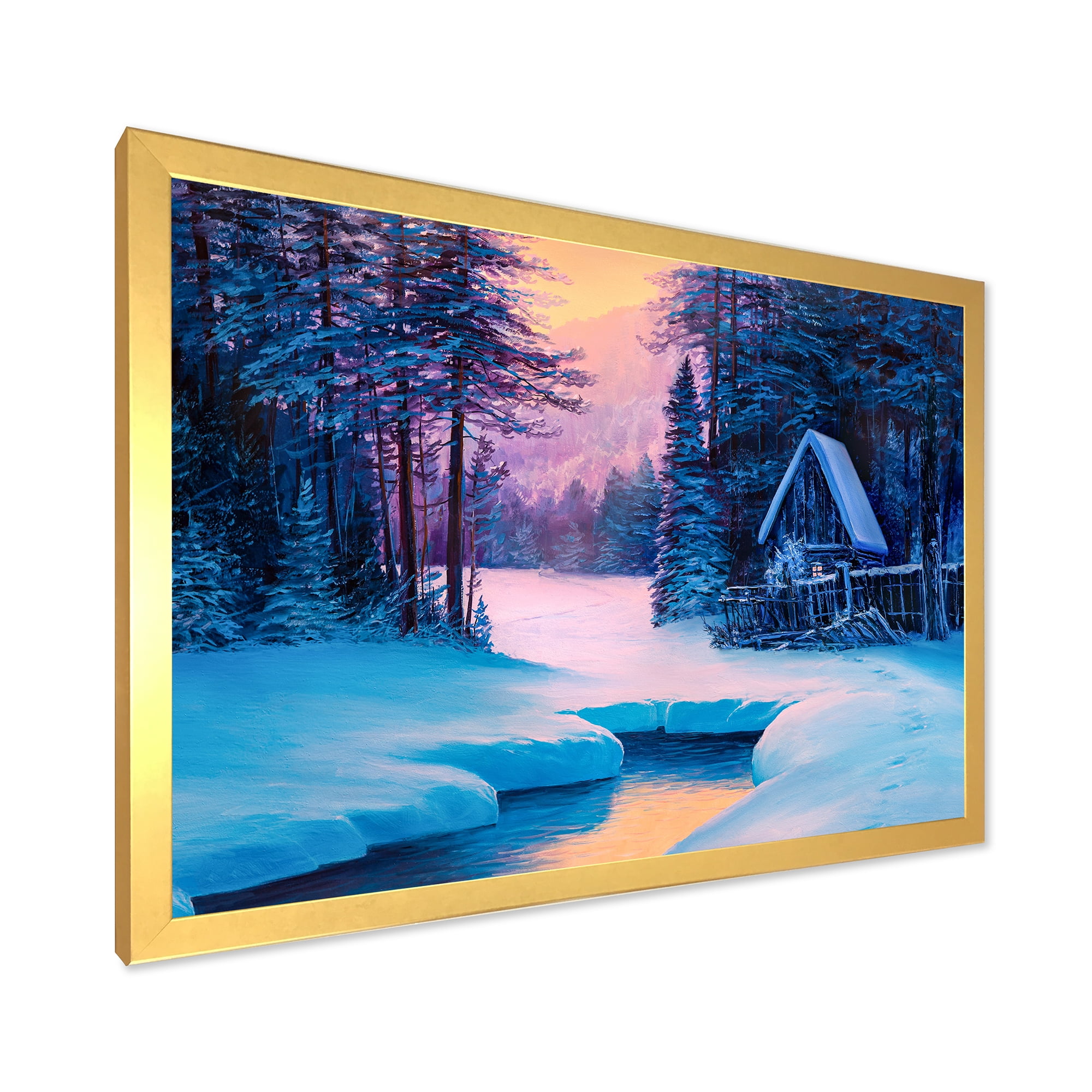 Designart 'The River House In The Woods and Winter Landscape II' Lake House Framed Art Print