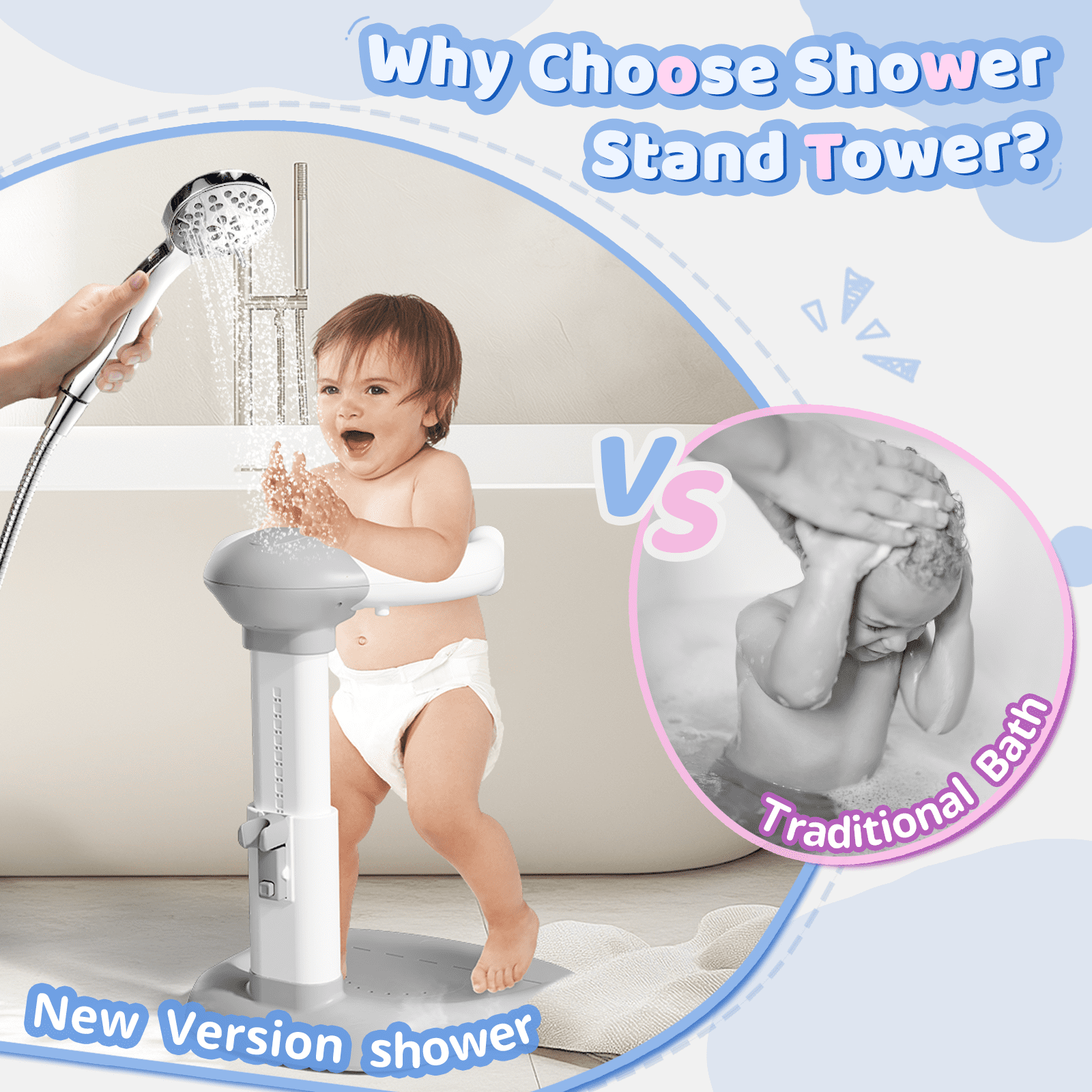 COOSEYA Baby Bath with Shower Stand Support, Anti-Pinch Soporte para Bañera de Bebé Adjustable Shower Tower and Anti-Slip for Toddler Standing Up Themselves(Gray)