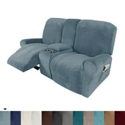 Topchances Stretch Recliner Sofa Slipcover, Loveseat Couch Cover with Side Pocket, Non-Slip Furniture Protector, Grey Blue