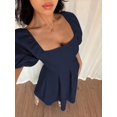 thumbnail image 6 of Navy Blue Womens Square Neck Puff Sleeve Pleated Midi Dress For Office Casual Elegant Occasion, 6 of 7