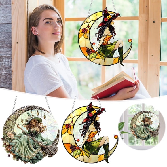 Adorno Colgante Mágico de Bruja con Luna Creciente y Purpurina Acrílica | Ideal para Fiestas de Halloween, Decoración Del Hogar y Centros de Mesa | Fácil de Colgar - Película Acrílica Brillante - Per