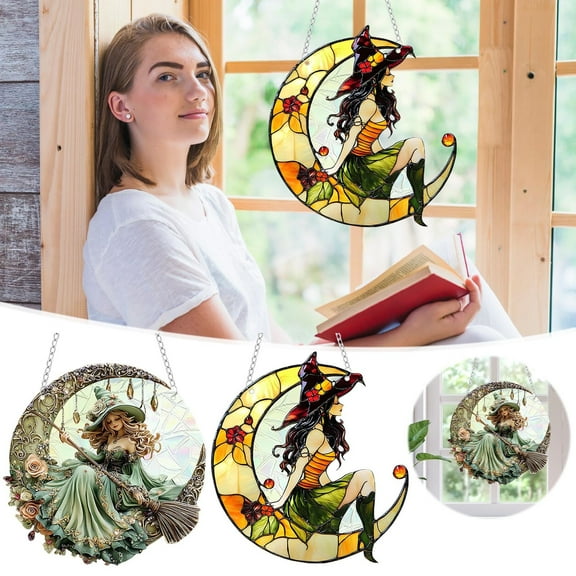 WKSCLPAI Halloween Hanging Decoration Witch and Black Cat Moon Wall Hanging, 2D Flat Acrylic Suncatcher, Illuminated Crystal Effect Home Hanging Decorations for Window Door Indoor Decor, 7.2x8 In