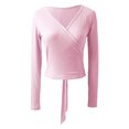 thumbnail image 4 of Manyakai Womens Ballet Dance Warp Tops Tie Self Waist Shirts Long Sleeve Pullover Fitness Yoga Tee Pink XL, 4 of 5