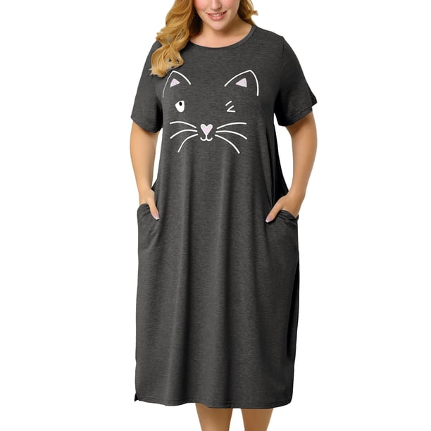 Women's Plus Size Nightgown Cat Print with Pocket Sleep Dress Sleepwear Dark Gray 3X