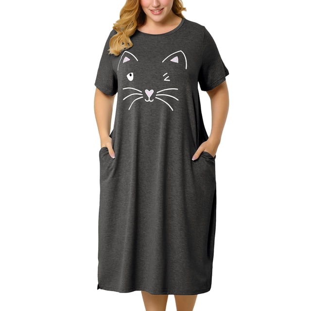 Women's Plus Size Nightgown Cat Print with Pocket Sleep Dress Sleepwear Dark Gray 2X