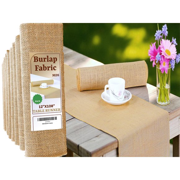MDS 10 PCS 100% Natural Burlap Table Runners 12 x 108 Inch Long, Rustic Farmhouse Country Vintage Boho Jute Runner for Wedding Birthday Home Party Se