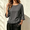 thumbnail image 4 of thefmos Women's Fall 3/4 Sleeve Ruffle Blouses Round Neck Drawstring Ruched Tops Casual Boho Pullover Shirts Solid Fashion Clothes for Vacation, Gray 2XL, 4 of 6