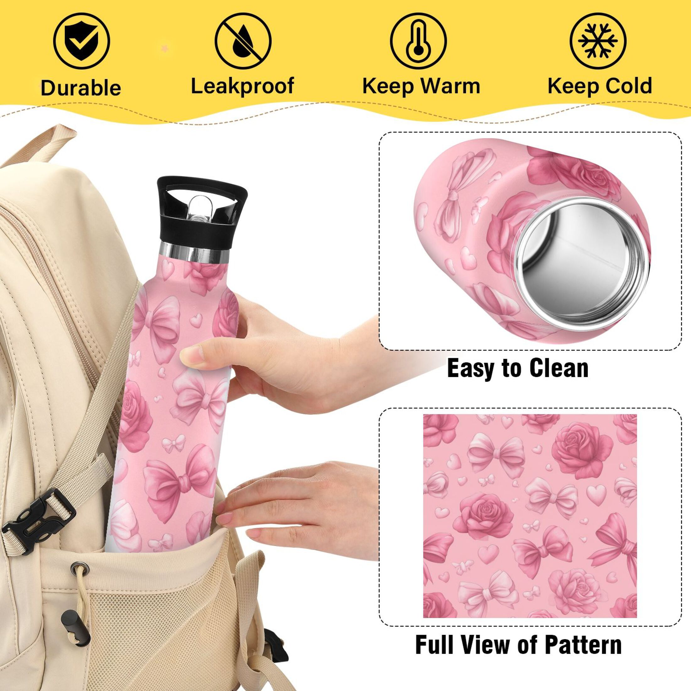 Kids Insulated Stainless Steel Sports Water Bottle 600ml (20oz) Roses and Bows Pattern