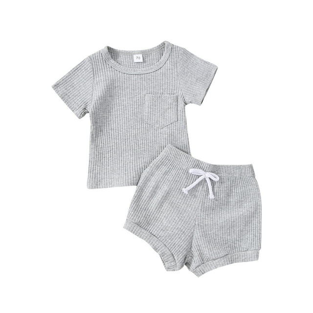 Xingqing Summer Newborn Infant Baby Boy Girl Ribbed Short Sleeve T-Shirt Top + Drawstring Shorts Outfits Gray 6-12 Months