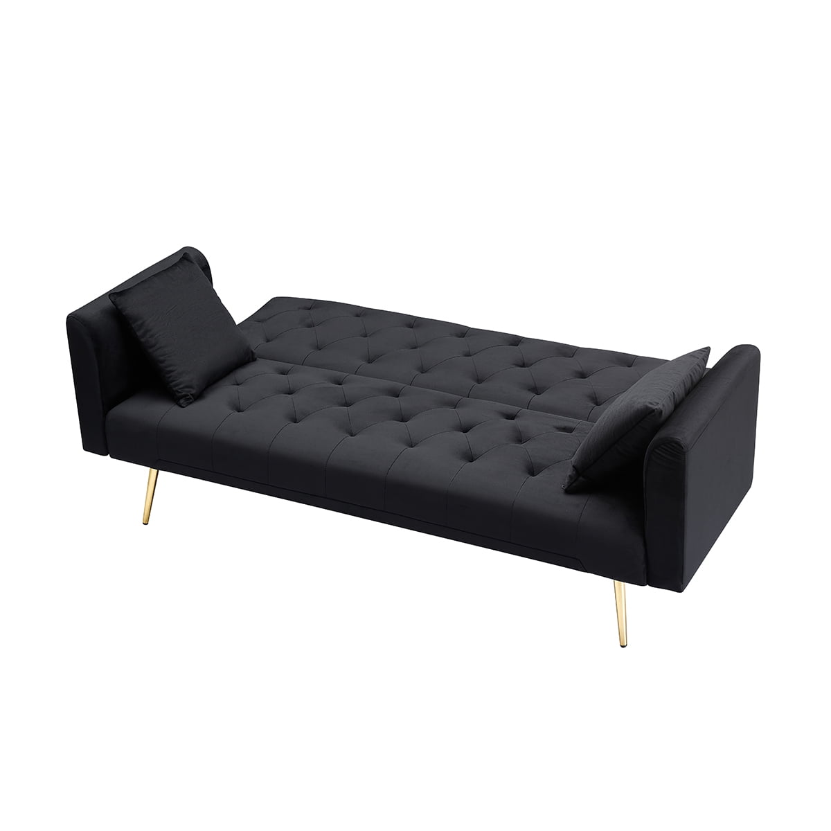 Leumius Velvet Futon Sofa Bed,Convertible Sleeper Couchwith Adjustable Backres & 2 Pillows for Small Spaces,Living Room,Black