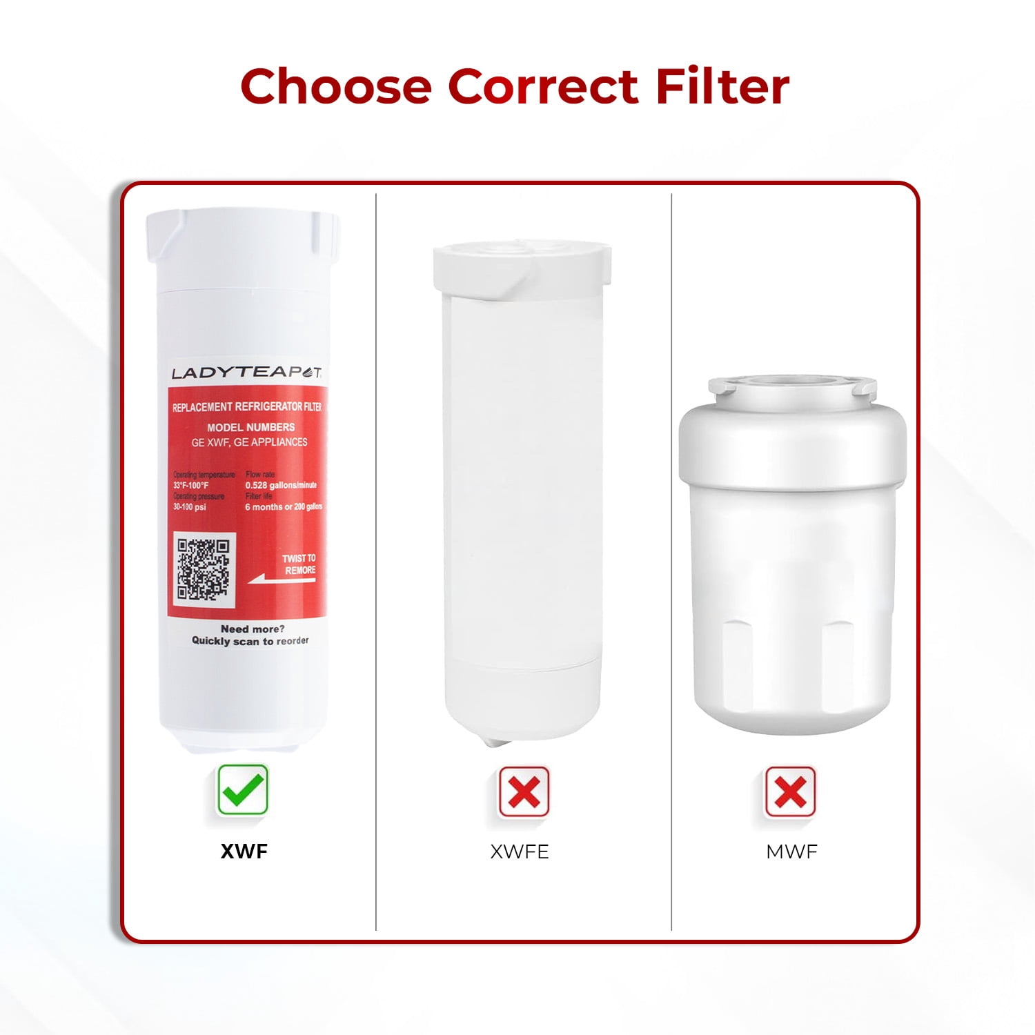 LADYTEAPOT XWF Refrigerator Water Filter, Replacement for GE® XWF, WR17X30702, NSF 42/372 Certified, Compatible with GE® GNE27, GFE26, GDE25, GSS25, PSE25 Series Refrigerators, 3 Pack (No-chip)