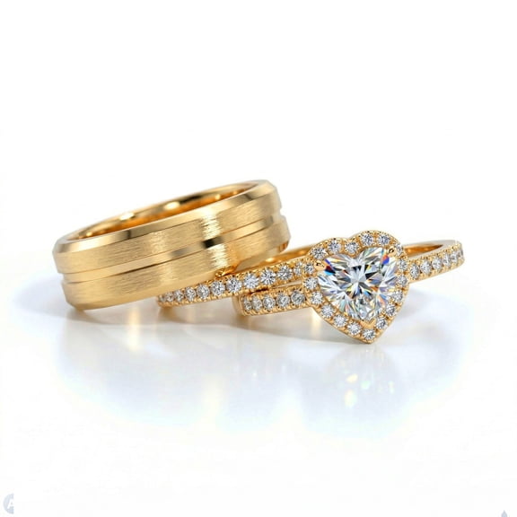 Ringheart Couple Rings 1CT Heart AAA CZ Yellow Gold Plated Women Wedding Ring Sets for Him and Her Rings