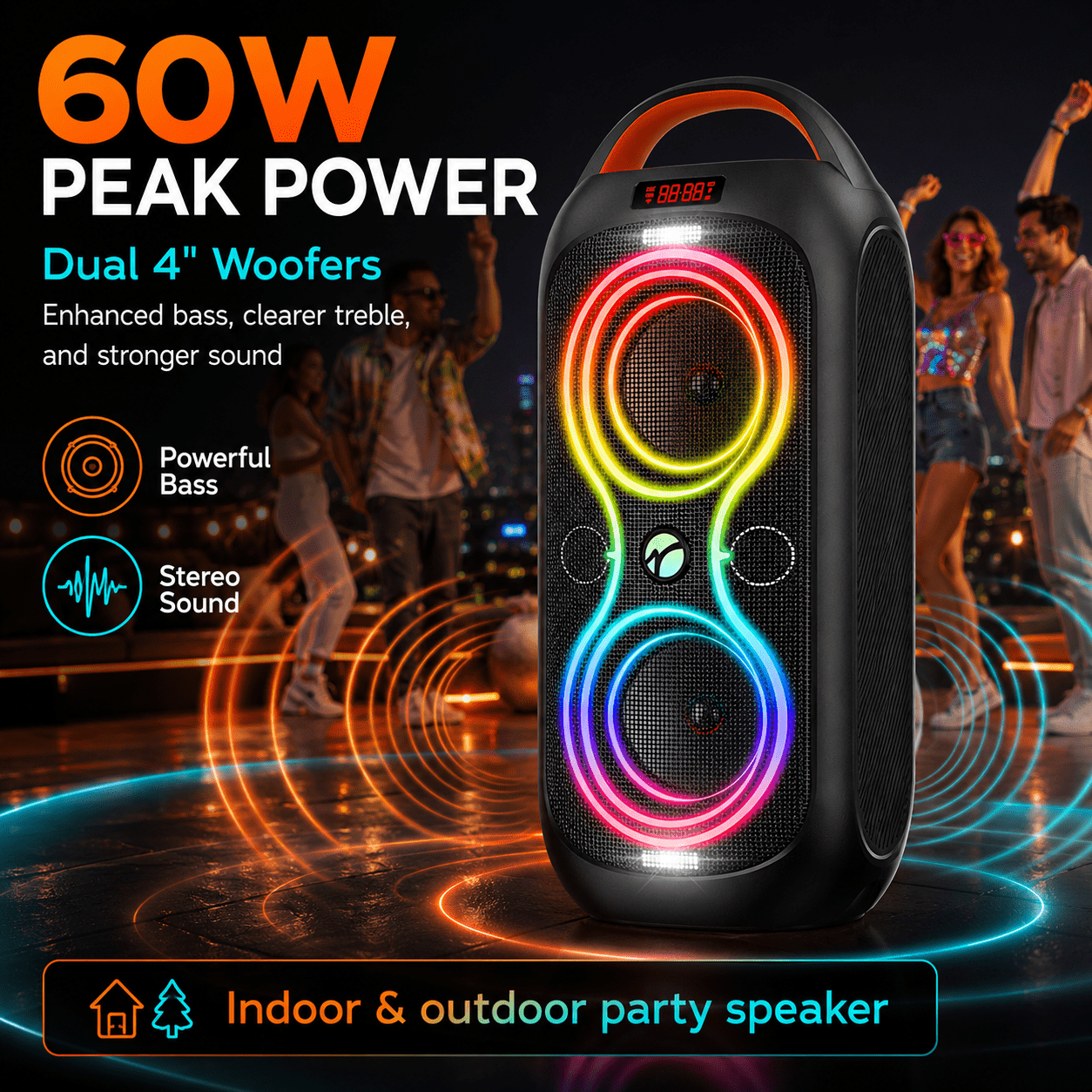 Wireless Bluetooth Speaker, 60W Loud Party Speaker with Beat Sync Lights, TWS Stereo, 4400mAh Power Bank, FM, AUX, TF, USB, Portable Handle Speaker for Outdoor Camping Beach Garage Home Party