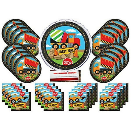 Under Construction Zone Heavy Equipment Backhoe Birthday Party Supplies Bundle Pack for 16 Guests with 18 Inch Balloon (Plus Party Planning Checklist by Mikes Super Store)