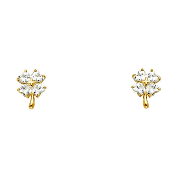14k Gold 4 leaf Clover Cubic Zirconia Stud Screw Earrings Stud Earring for Women