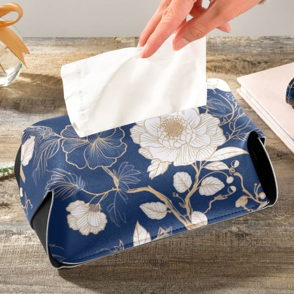 Leather Tissue Box Cover Peony Flowers Facial Cube Holder Case Rectangle