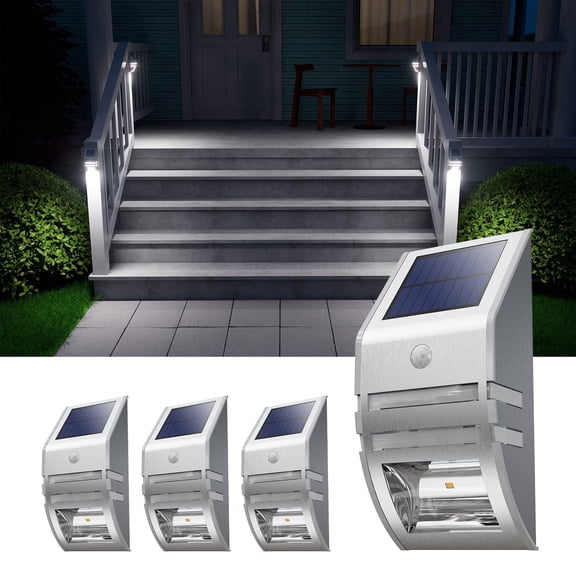 Yinghao 4 Pack Solar Wall Lights Stainless Steels Outdoor Waterproof Motion Sensor Modern Metal Lamps for Fence, Deck, Post, Stair, Front Porch, Dock, Patio